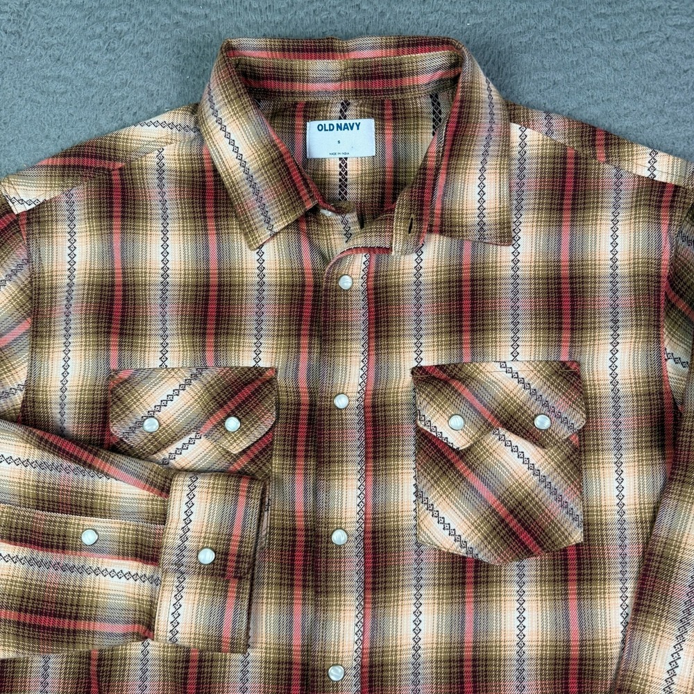 Old Navy Western Shirt Mens S Red Plaid Sawtooth Pearl Snap Sawtooth Long Sleeve